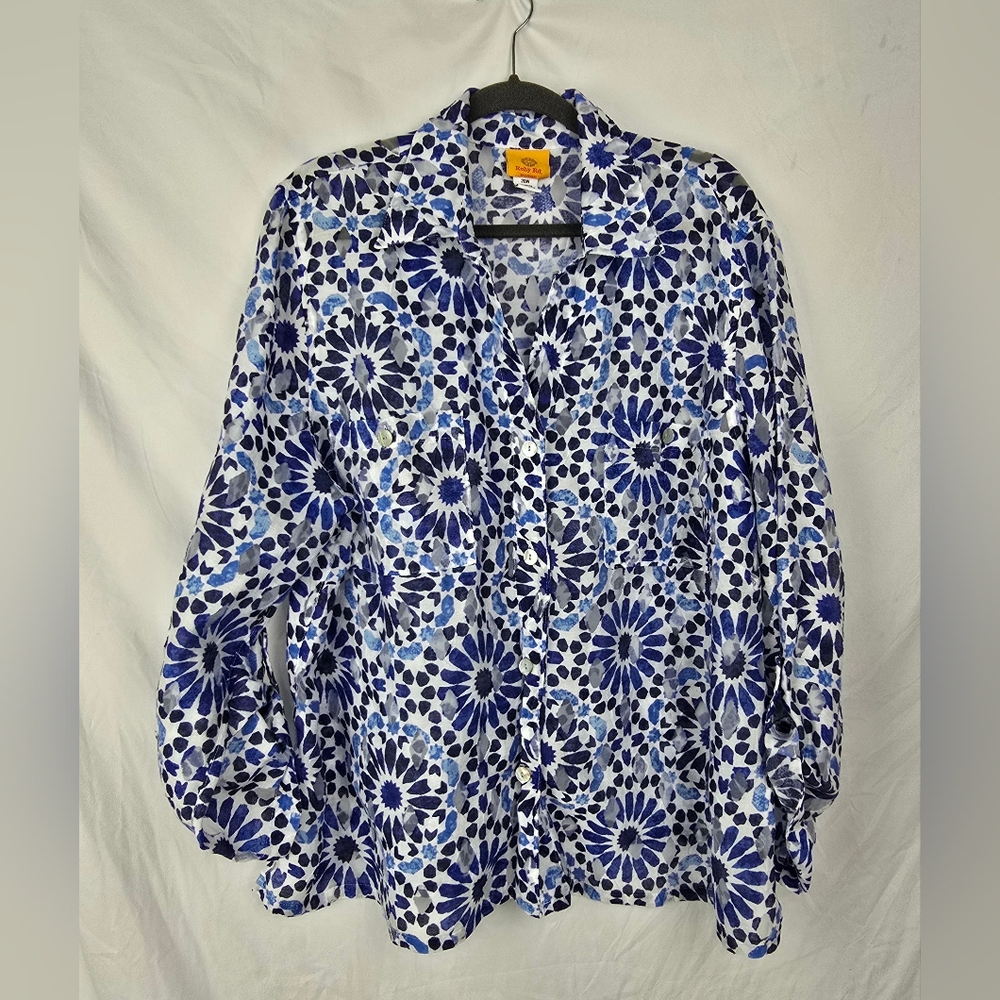Ruby Rd Woman Artsy Button-Up Sheer Linen Boxy Coastal Nautical Top sz 20W